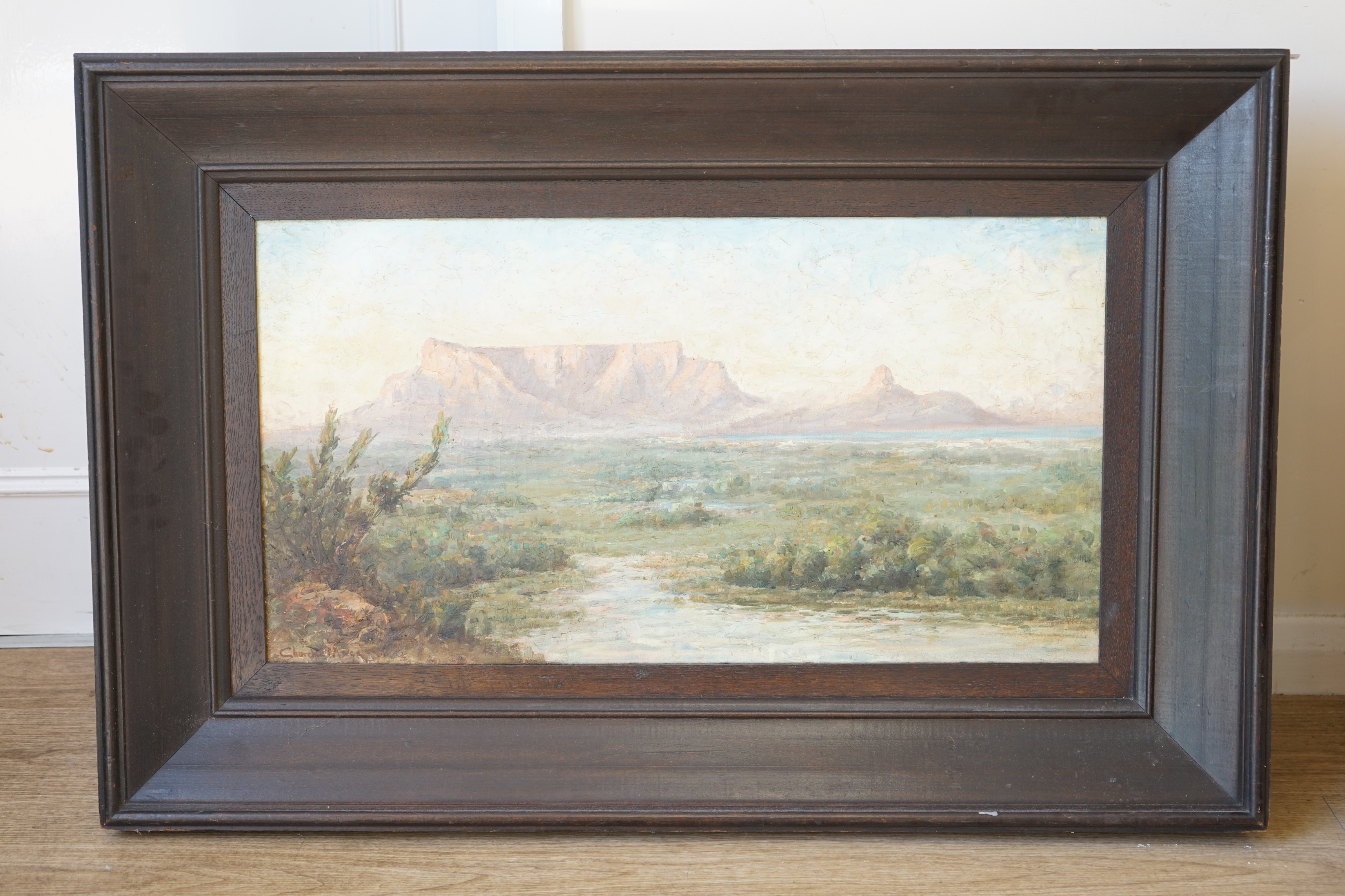 Edward Churchill Mace (South African, 1863-1928), oil on canvas, View of Table Mountain, signed, 38 x 70cm. Condition - fair, craquelure